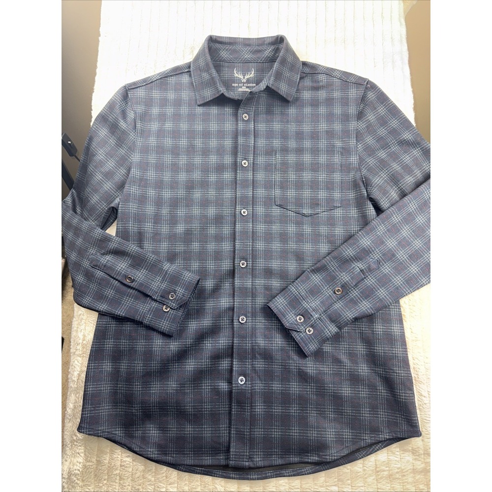 Age of Wisdom Flannel Shirt‎ Men Med Blue Plaid Flap Pocket Metal Button Shacket - Picture 1 of 12